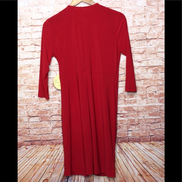 Emma & Michelle | Red Gathered Surplice Dress - Picture 12 of 13